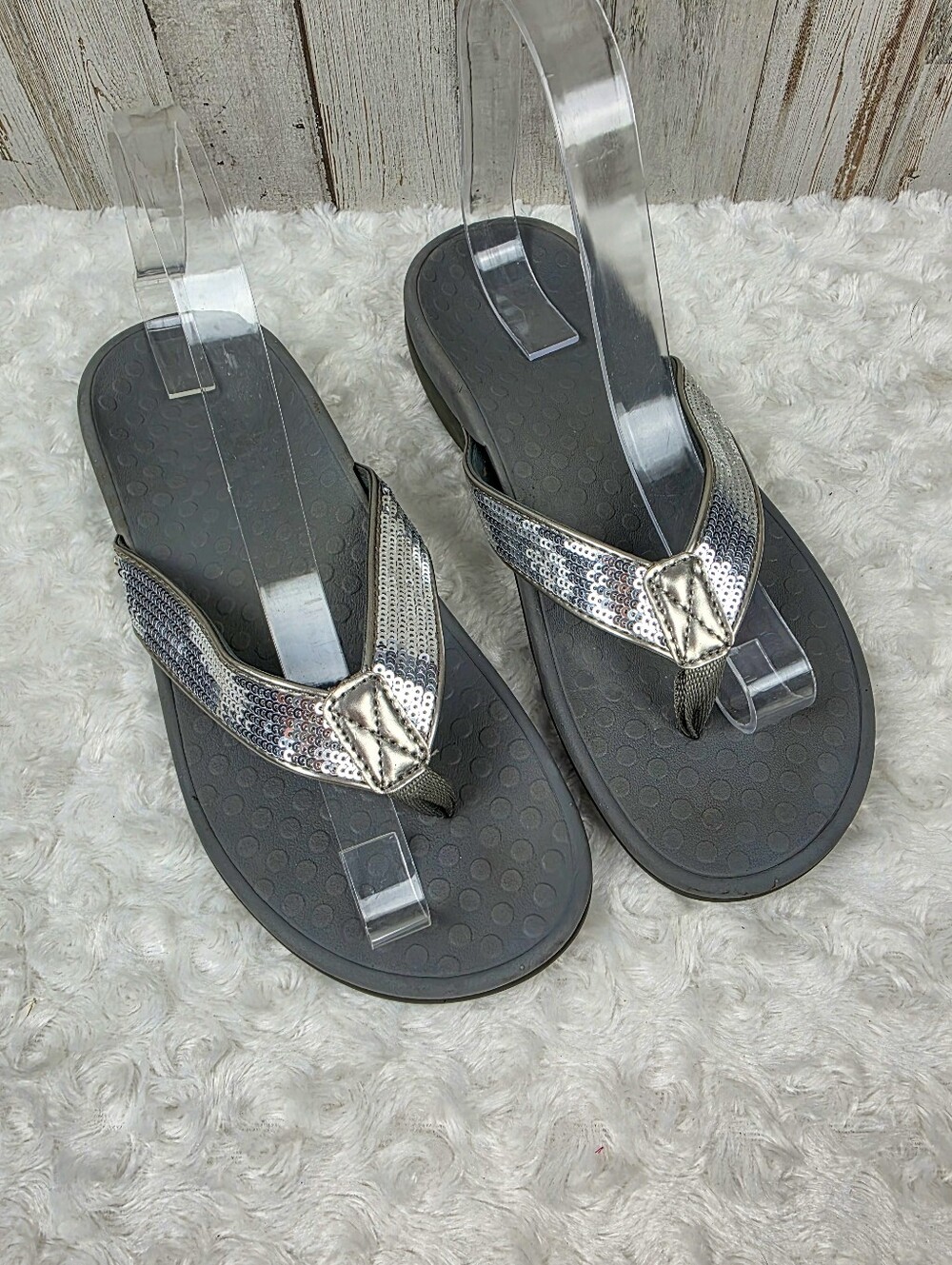Vionic Tide SQ Silver Sequin Flip-Flop Sandals Size 7